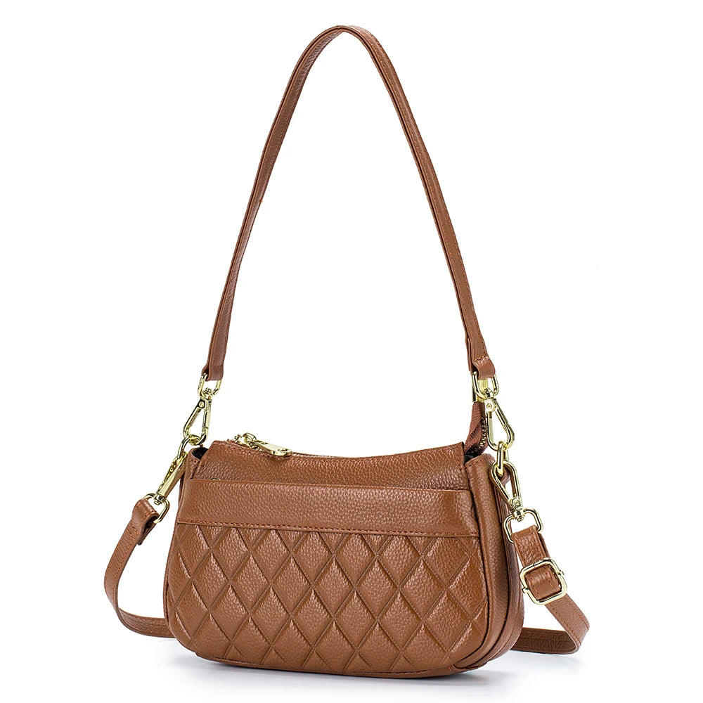 2024 New Fashion Versatile Plaid Head Layer Cowhide Single Shoulder Crossbody Bag Portable Underarm Bag Womens Bag