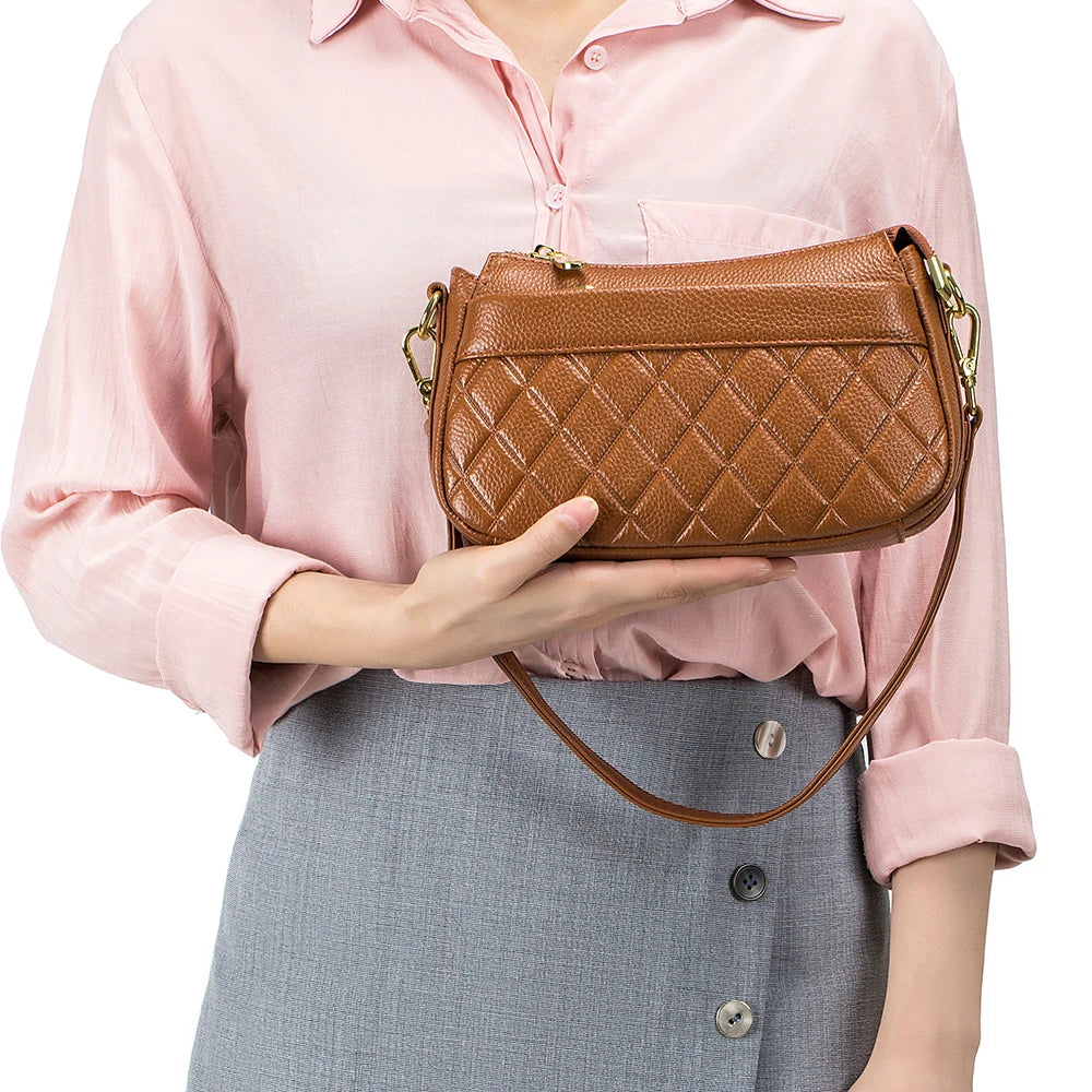 2024 New Fashion Versatile Plaid Head Layer Cowhide Single Shoulder Crossbody Bag Portable Underarm Bag Womens Bag